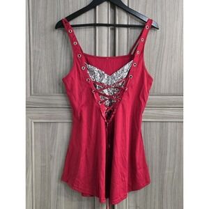 Red Lace Up Tank Top With Sequin Front Size Large Unbranded